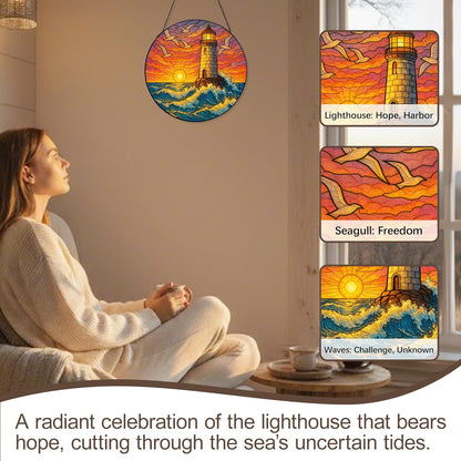 Stained Glass Window Hanging,Lighthouse Sun Catchers Stained Glass Panels for Indoor Windows Wall