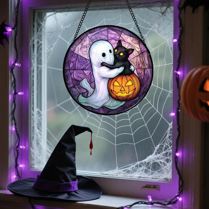 Stained Glass Window Hanging - Halloween Decorations Ghost Black Cat Pumpkin Suncatcher for Door