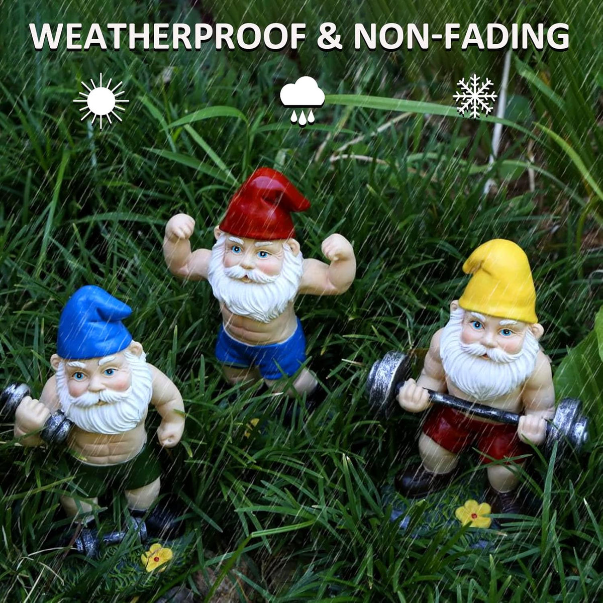 Funny Workout Garden Gnomes Statues 3pcs 6.2 Inches Outdoor Muscular, Barbell and Dumbbell Gnomes