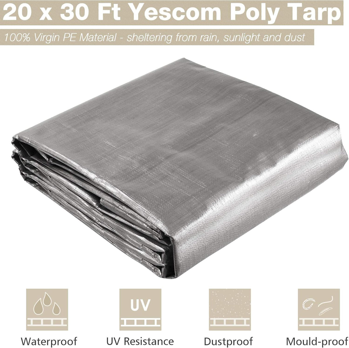Yescom 20x30ft Heavy Duty Reinforced Poly Tarp Waterproof Tarpaulin 10-mil Ground Sheet Camping