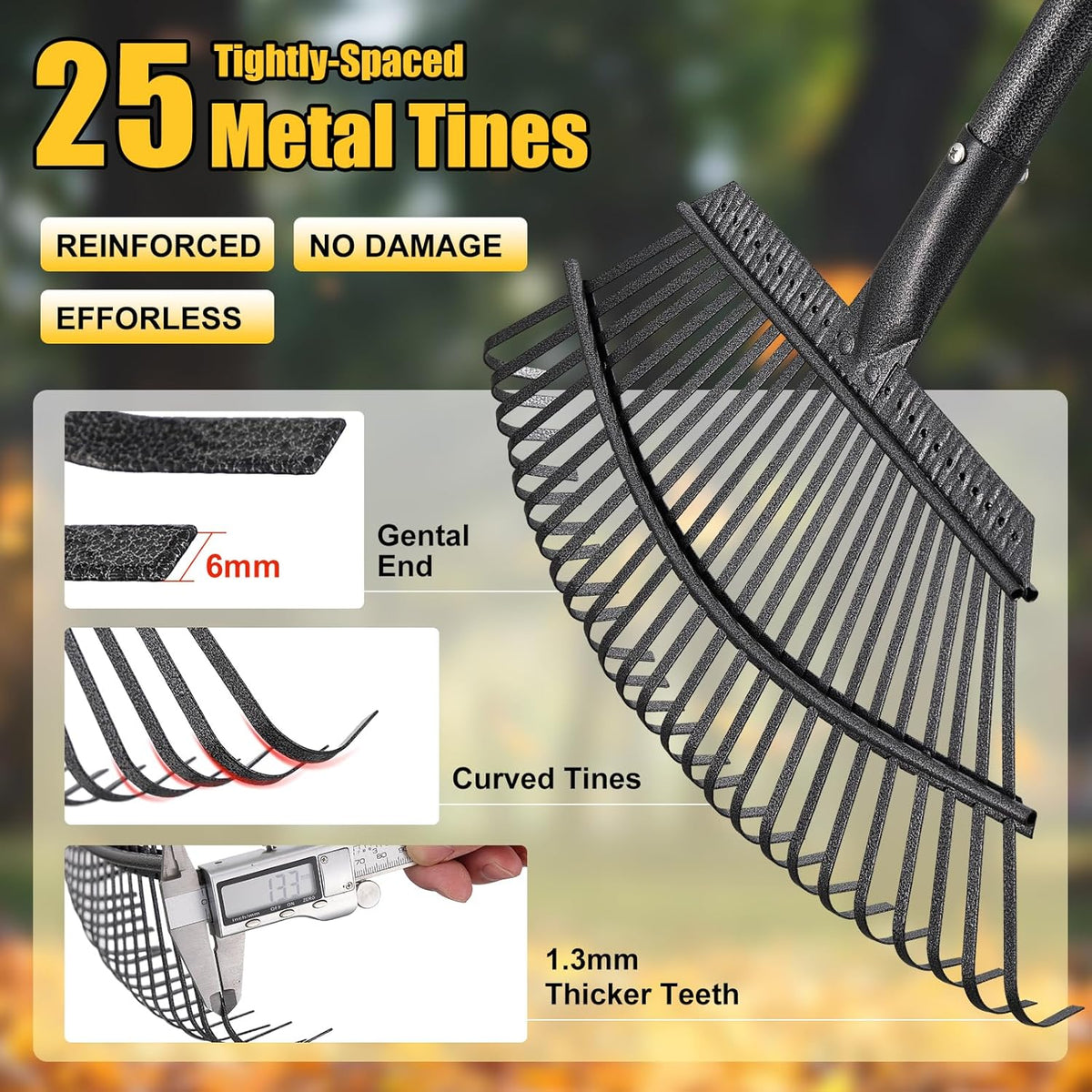 Garden Rake for Leaves: 18” Wide Metal Leaf Rake, 65” Long Adjustable Handle, Heavy Duty 25 Teeth