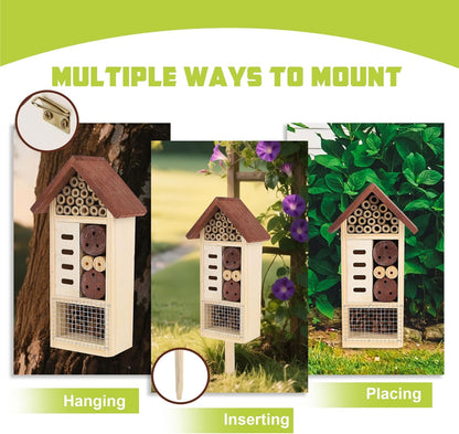 Lulu Home Wooden Insect House with Stake, Hanging & Inserting Two Mount Ways Insect Hotel for Bee