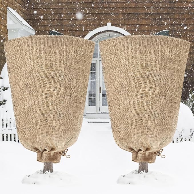Riare 2 Packs 45 × 70 Inch Burlap Winter Plant Cover Bags with Drawstring- Reusable Large Burlap