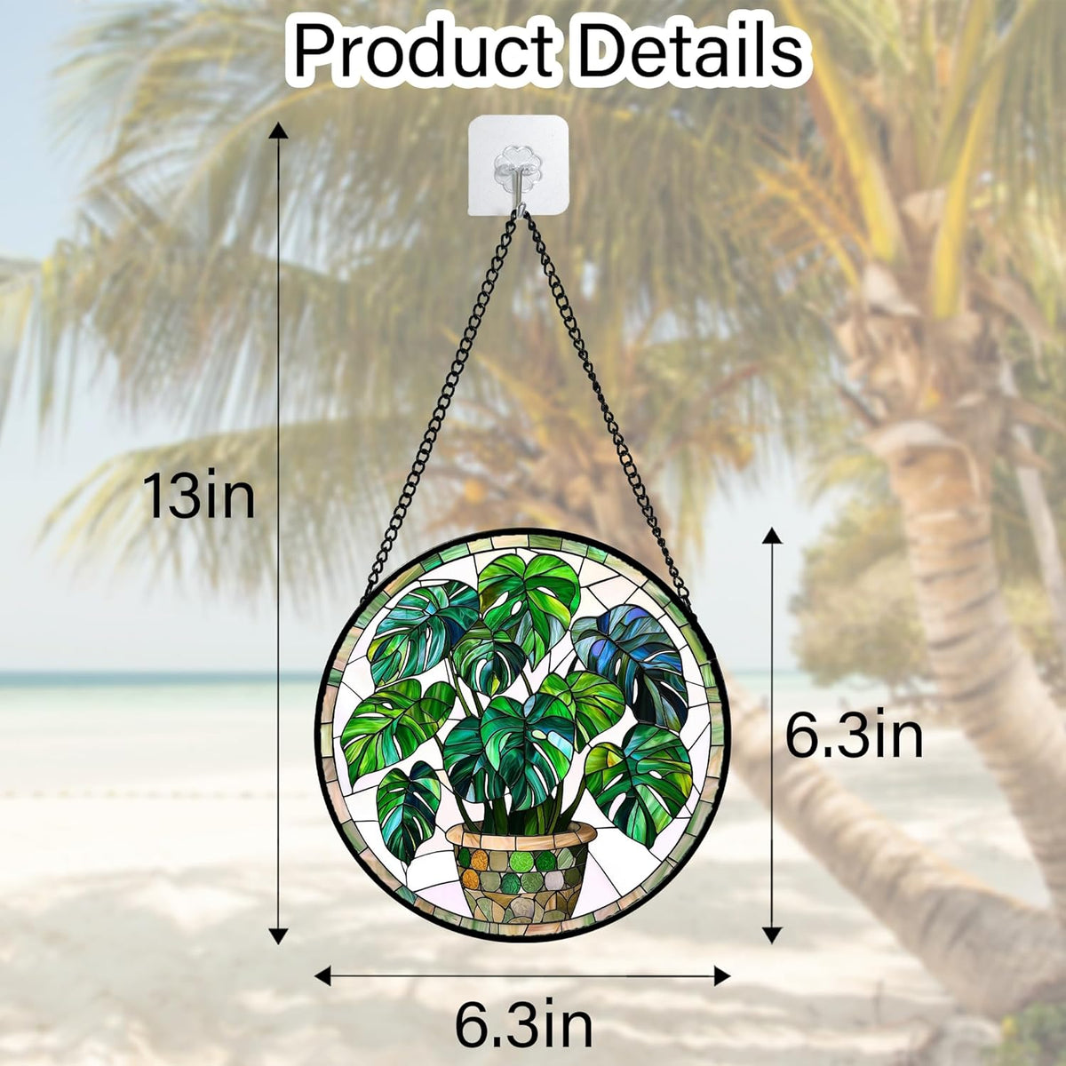 Stained Glass Window Hanging, Green Plant Monstera t Suncatcher Diamond Colorful Glass Panel Sun