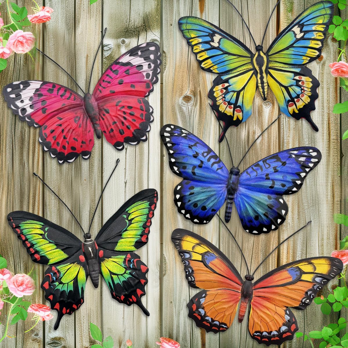 EOORAU Metal Butterfly Wall Outdoor Decor - 5 Pack Metal Butterflies Wall Art Sculpture Hanging