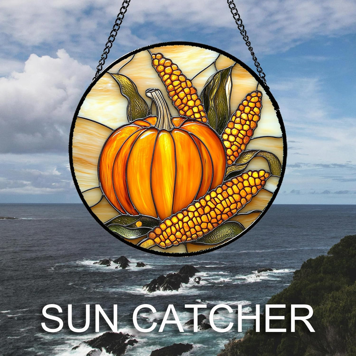 Stained Glass Window Hanging Autumn Harvest Pumpkin Corn 7.8" - Suncatcher Door Garden Kitchen