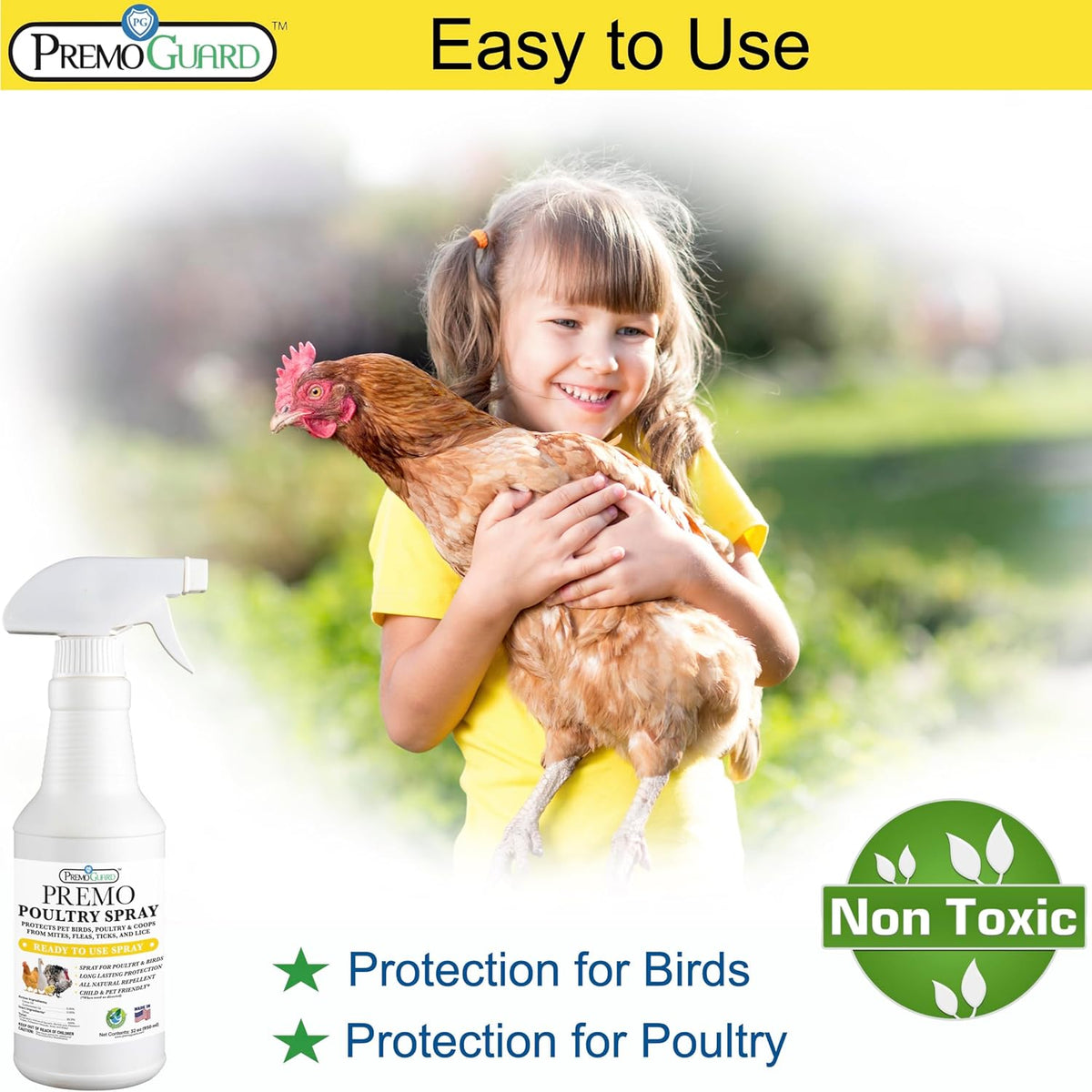 Premo Guard Poultry Spray - 32 oz - Kill Scaly Leg, Mites, Fleas, Lice, & Other Pest on Chickens