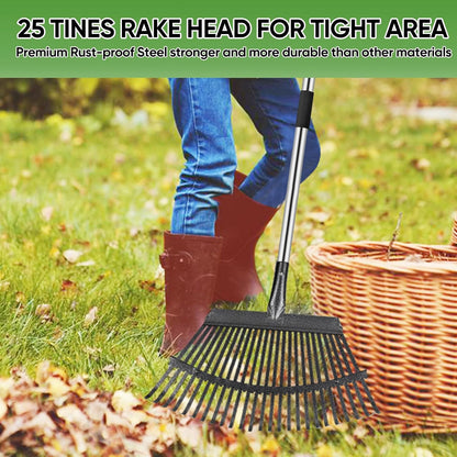 Rake Heavy Duty 6FT Long Garden Rake , 18.5 Inch Wide, 25 Metal Tines, Adjustable Stainless Steel