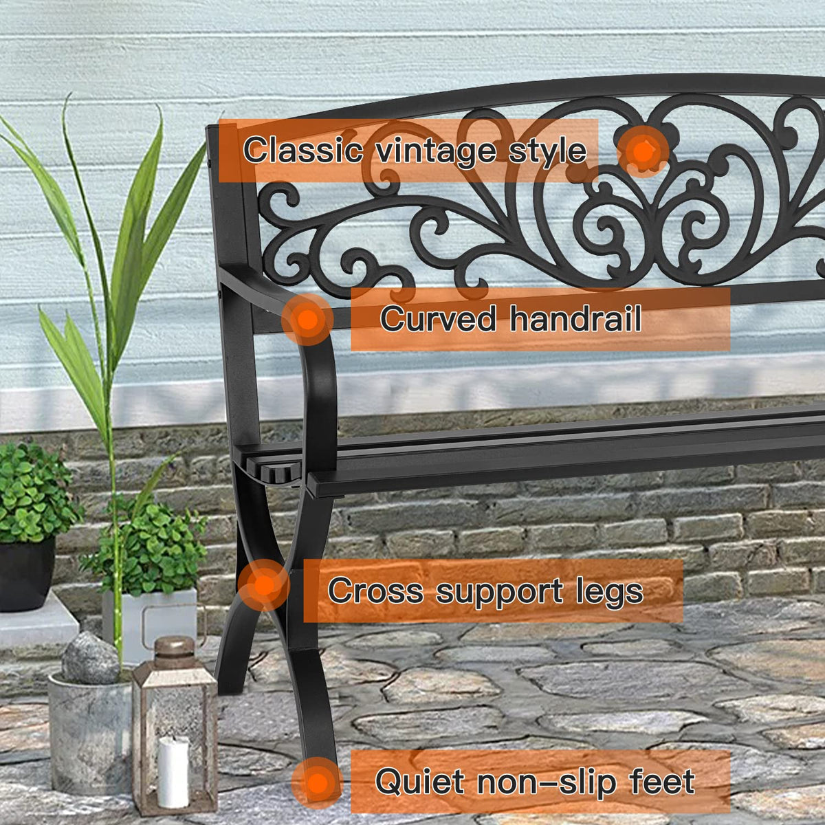 Patio Garden Bench 50 inch Outdoor Metal Loveseat Chairs with Armrests Slatted Seat and w/Floral