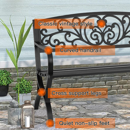 Patio Garden Bench 50 inch Outdoor Metal Loveseat Chairs with Armrests Slatted Seat and w/Floral