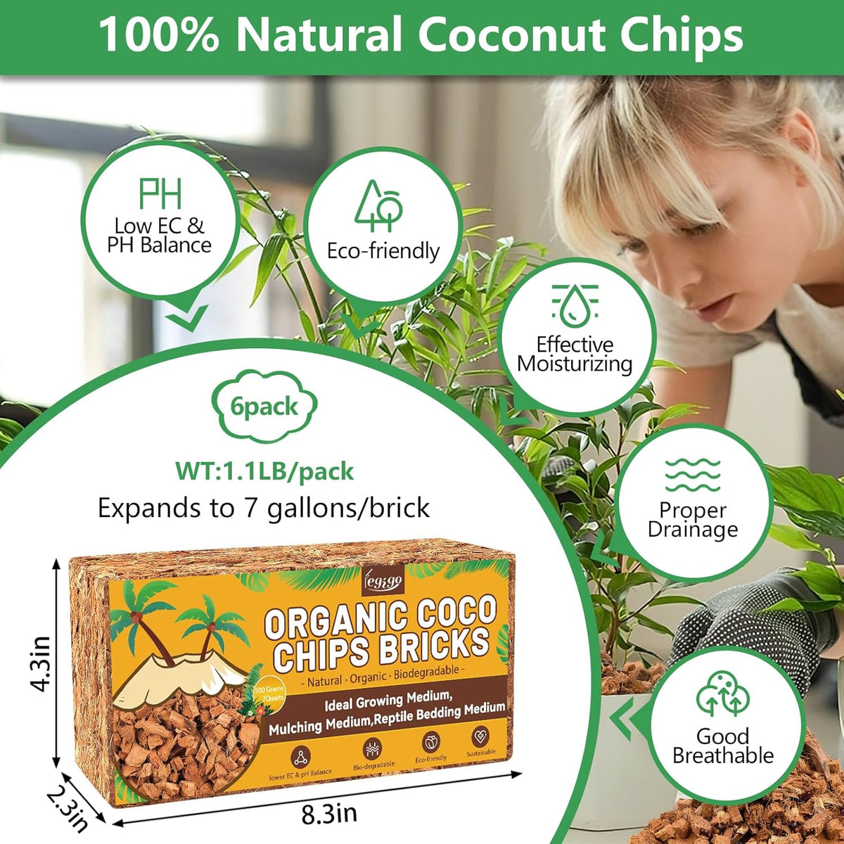 Legigo 6 Pack Coco Husk Chips- 6.6 LB 100% Organic Coconut Coir Chips Brick Potting Soil Mix with