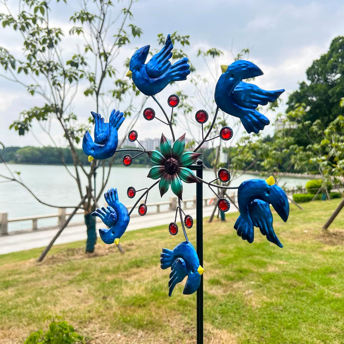 Blue Bird Metal Wind Spinner Garden Decor, 48 Inch Outdoor Yard Spinner Sculpture for Patio Lawn &