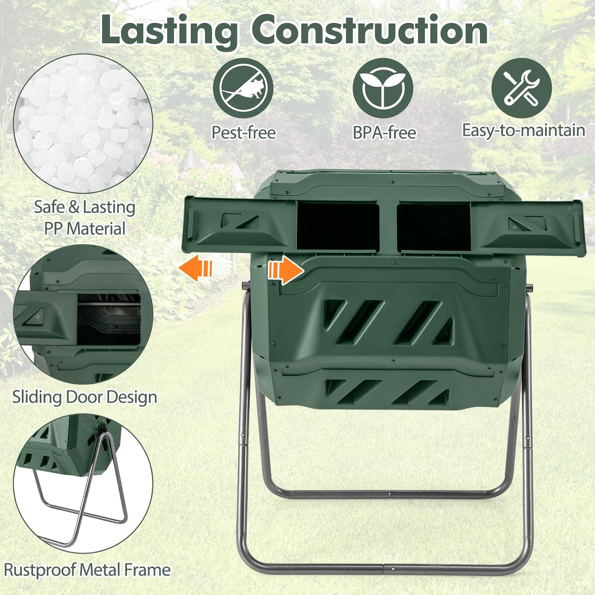S AFSTAR Composter Tumbler Outdoor, 42-Gal Dual Chamber Tumbling Composter with 2 Sliding Doors