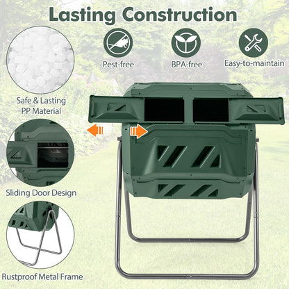 S AFSTAR Composter Tumbler Outdoor, 42-Gal Dual Chamber Tumbling Composter with 2 Sliding Doors