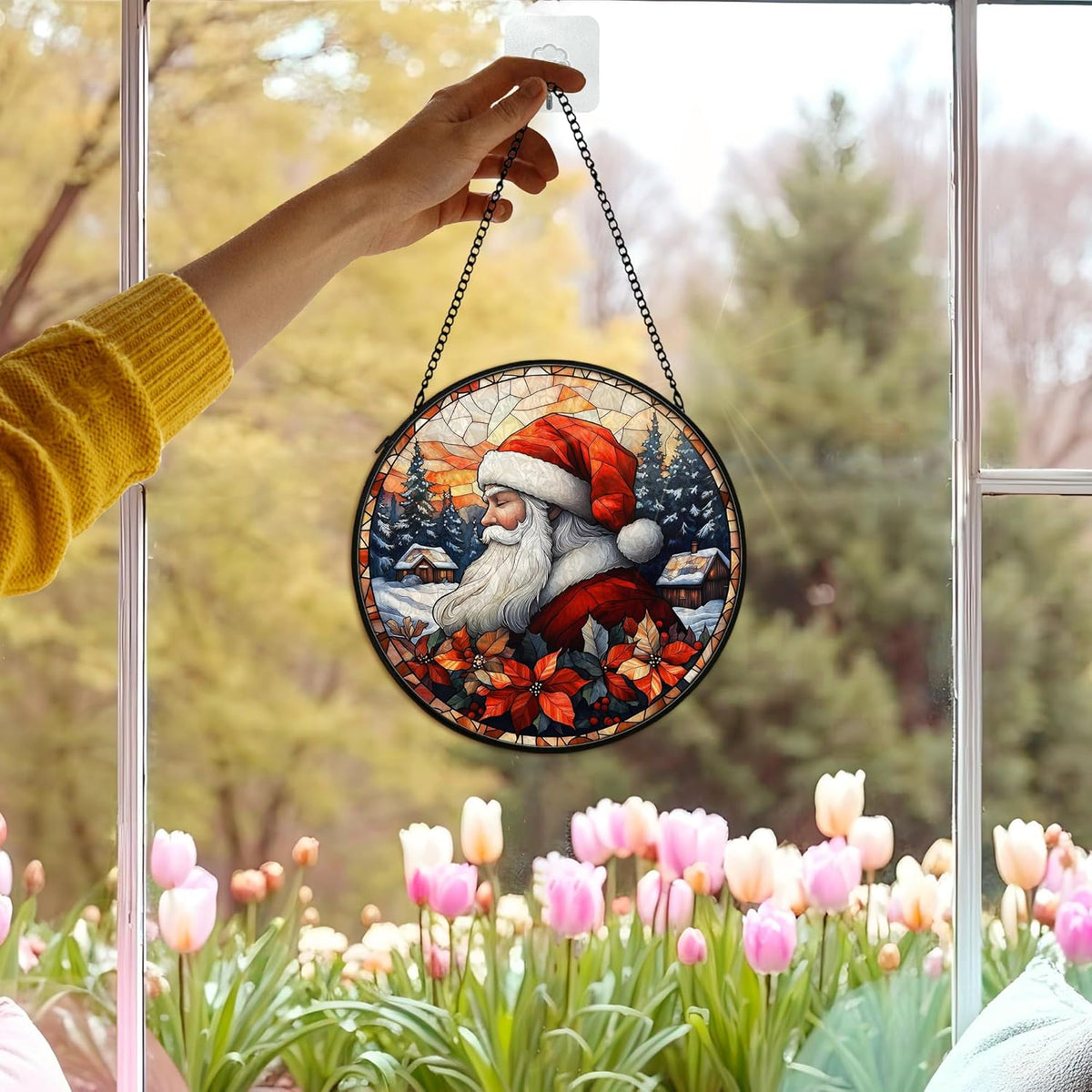 Christmas Santa Suncatcher Stained Glass Window Hanging Decor, Farmhouse Winter Xmas Santa Stained