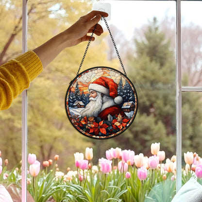 Christmas Santa Suncatcher Stained Glass Window Hanging Decor, Farmhouse Winter Xmas Santa Stained