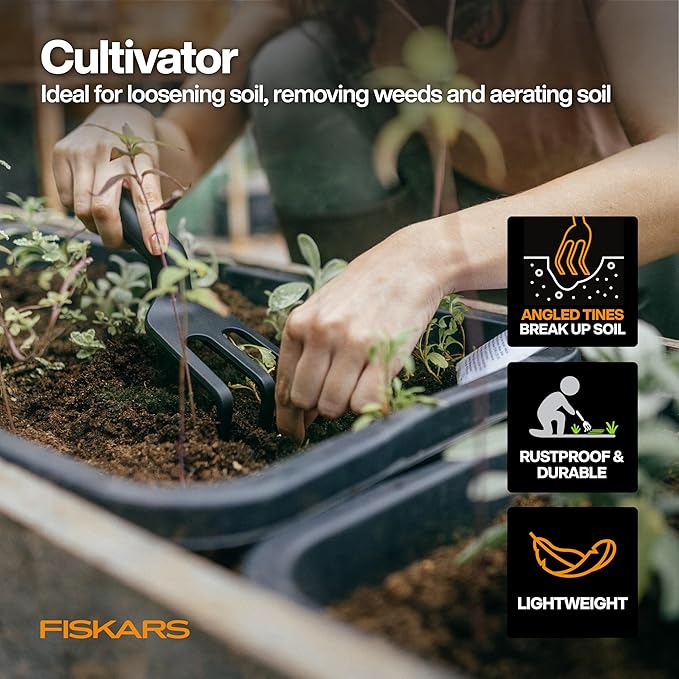 Fiskars Flower Gardening Tool Set with Floral Pruner, Trowel, Cultivator, Garden Gloves, and
