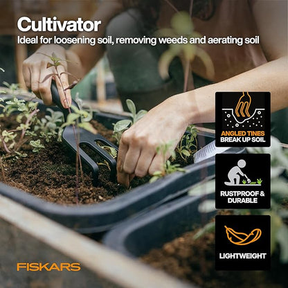 Fiskars Flower Gardening Tool Set with Floral Pruner, Trowel, Cultivator, Garden Gloves, and