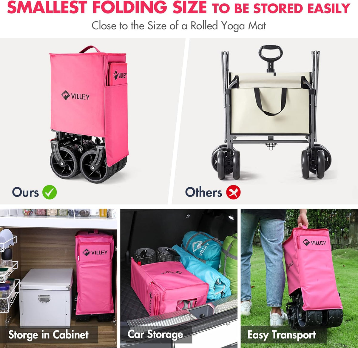 VILLEY Collapsible Folding Wagon with Big Wheels, Enlarged 225lbs Capacity, All Terrain Wagons