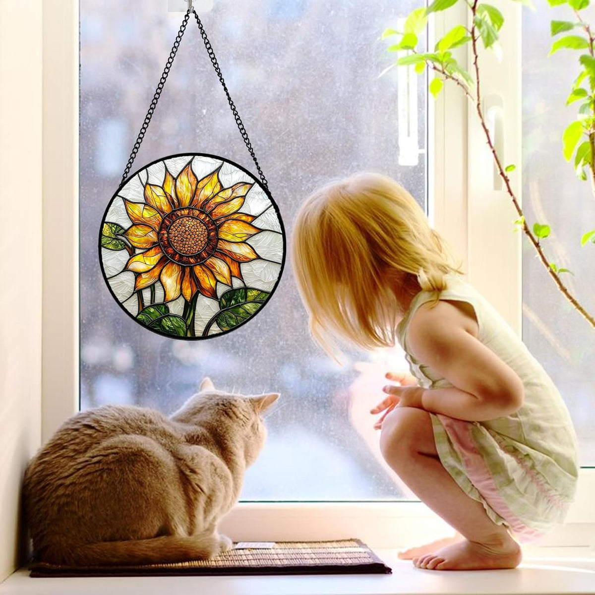 Stained Glass Window Hanging - Sunflower Flower Suncatcher Ready to Hang Window Doors Home
