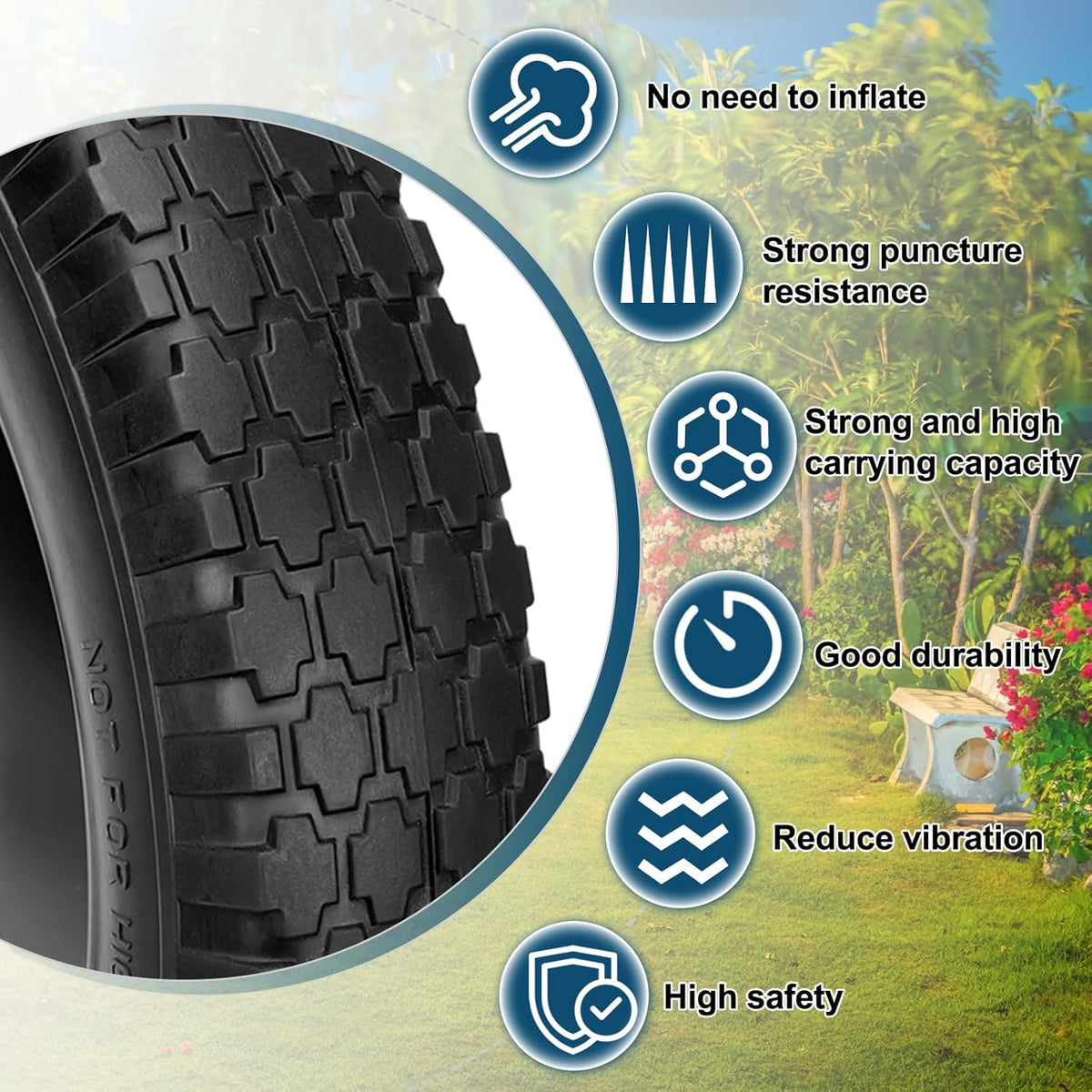 4.80/4.00-8" Flat Free Tire and Wheel 14.5" Solid Flat-Free Replacement Tire with 5/8"& 3/4" Axle