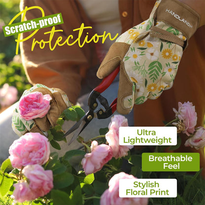 HANDLANDY Gardening Gloves for Women, Breathable Ladies Leather Garden Yard Gloves Best Gift for