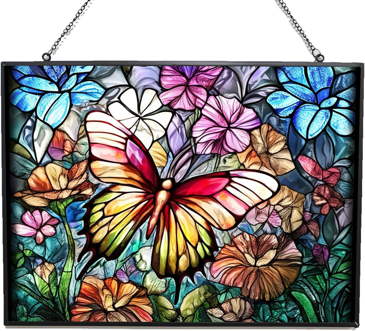 Rectangle Butterfly Suncatchers for Windows, Stained Glass Window Hangings,Hand-Painted Glass Panel