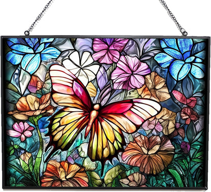 Rectangle Butterfly Suncatchers for Windows, Stained Glass Window Hangings,Hand-Painted Glass Panel