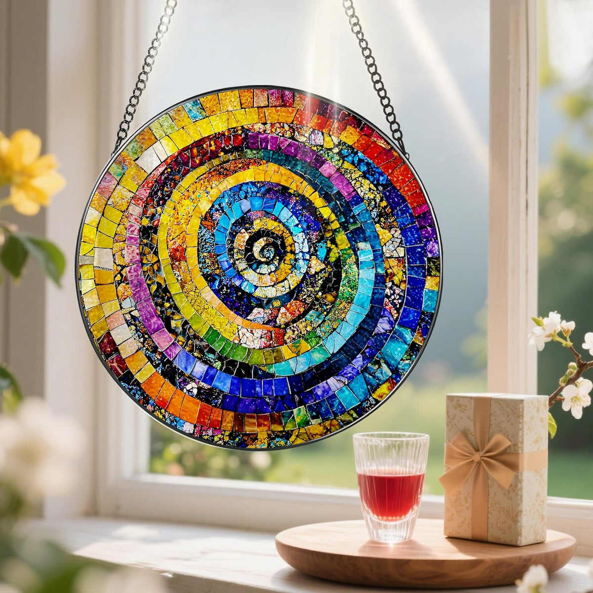 Stained Glass Window Hanging, Pauyadu 8 Inch Rainbow Spiral Stained Glass Suncatcher, Home Decor