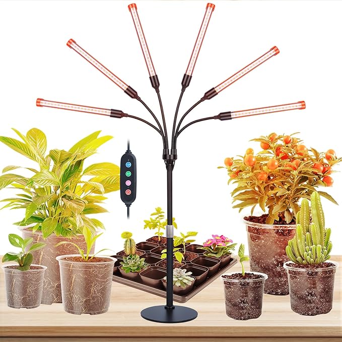 6-Head Table Top Grow Lights for Indoor Plants, Seed Starting, Bonsai with Timer, 54W Power Home