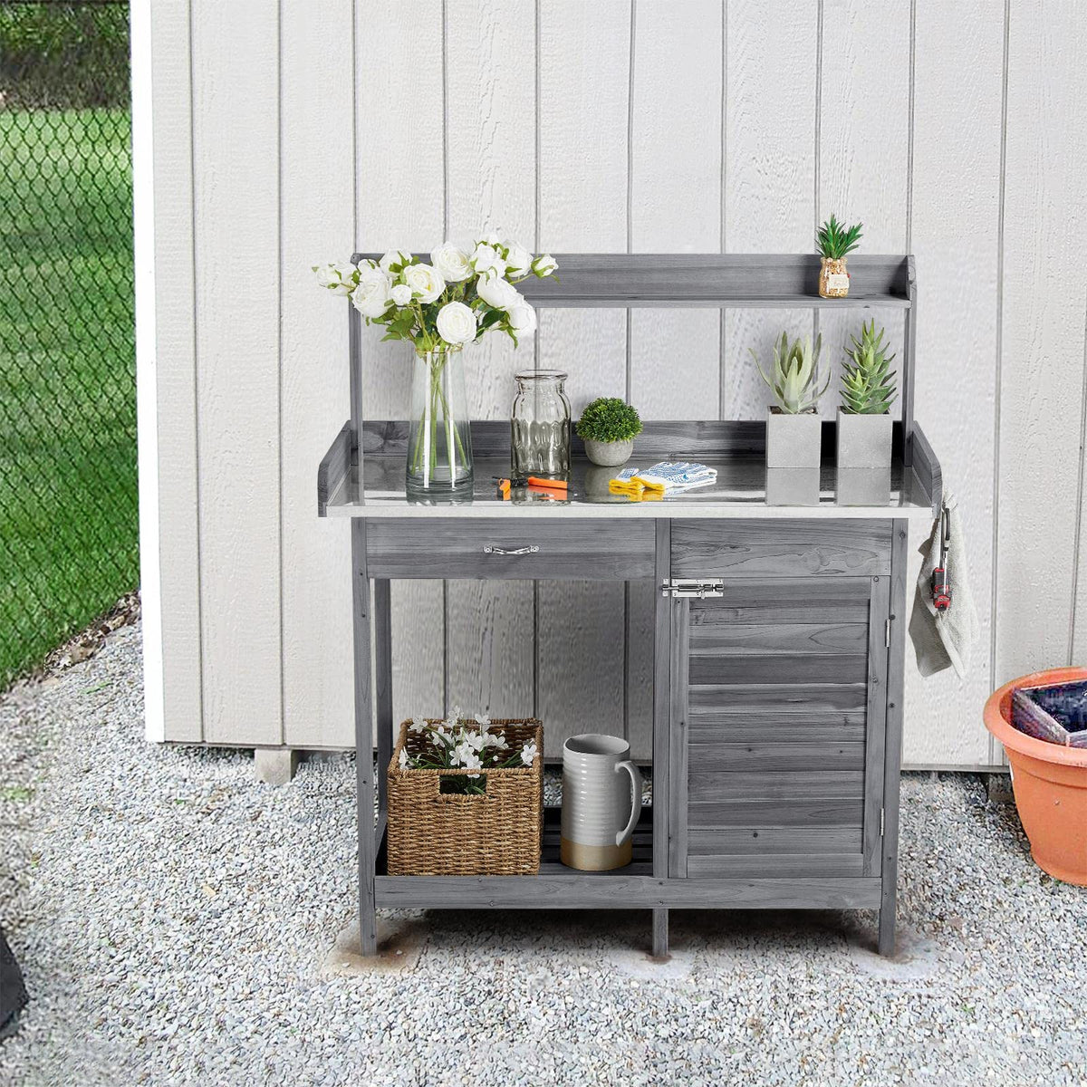 Yaheetech Potting Bench Outdoor Potting Table with Storage,Gray