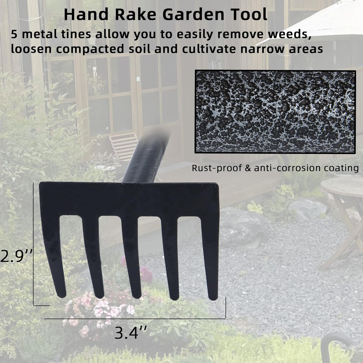 Hand Rake, Adjustable Handle Garden Small Rake Garden Tool, Heavy Duty Hand Tiller Cultivator with