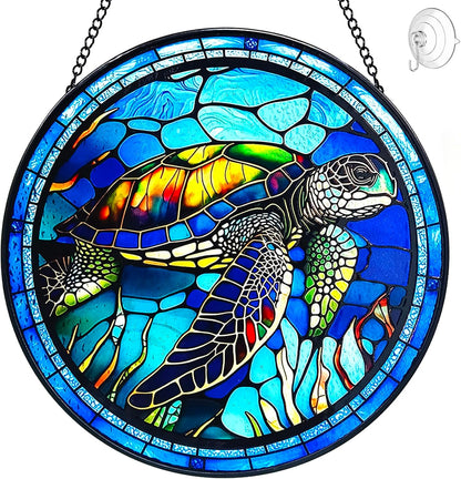 Stained Glass Turtle Suncatcher Window Hanging - Handmade Sea Turtle Suncatchers for Windows with