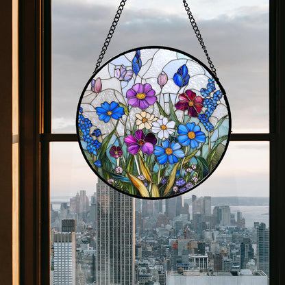 Stained Glass Window Hanging Blue Purple Wildflowers Large 11.8" - Suncatcher Door Garden Sunroom