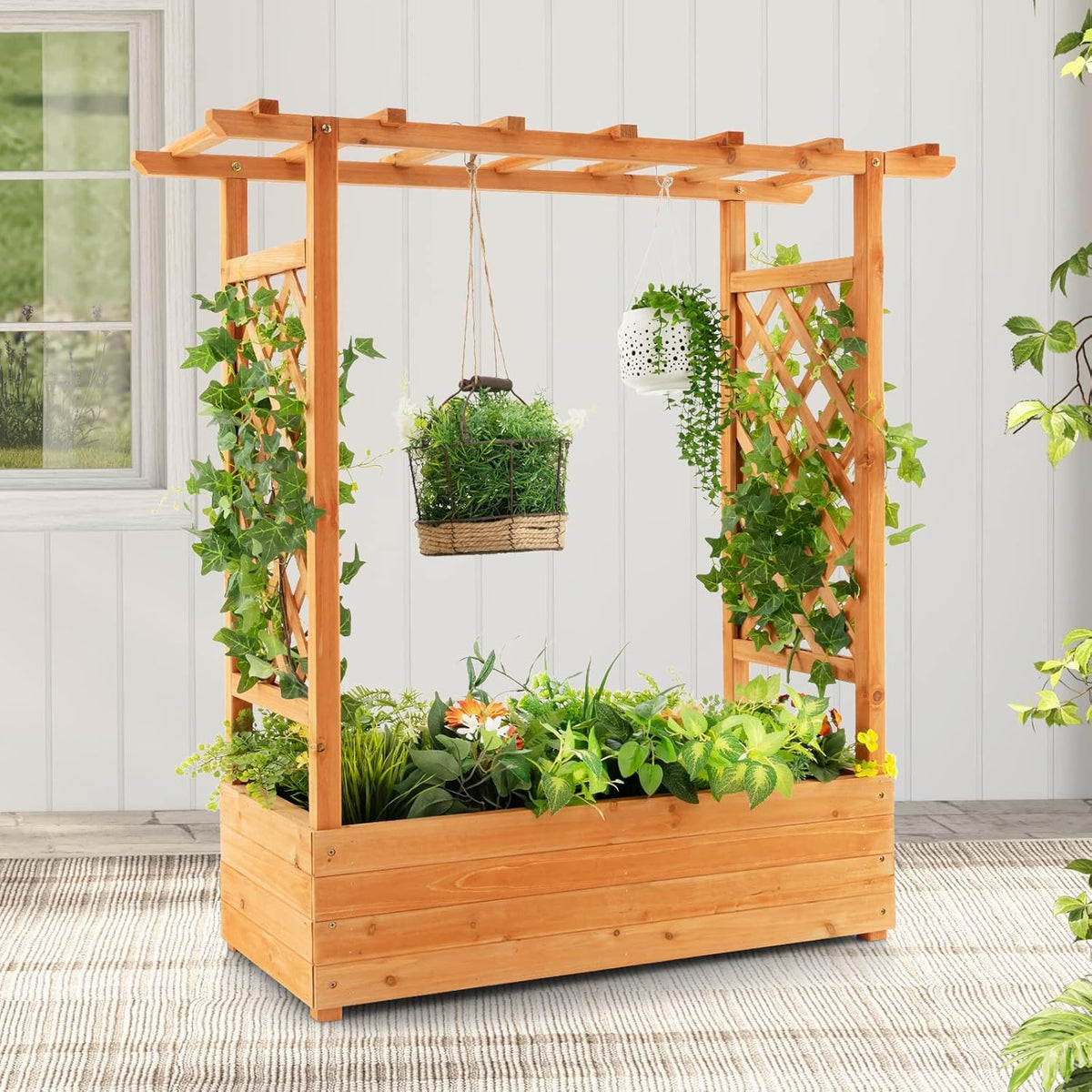 S AFSTAR Raised Garden Bed with Arch Trellis, Wood Planter Box with Hanging Roof, Side Trellis, 4