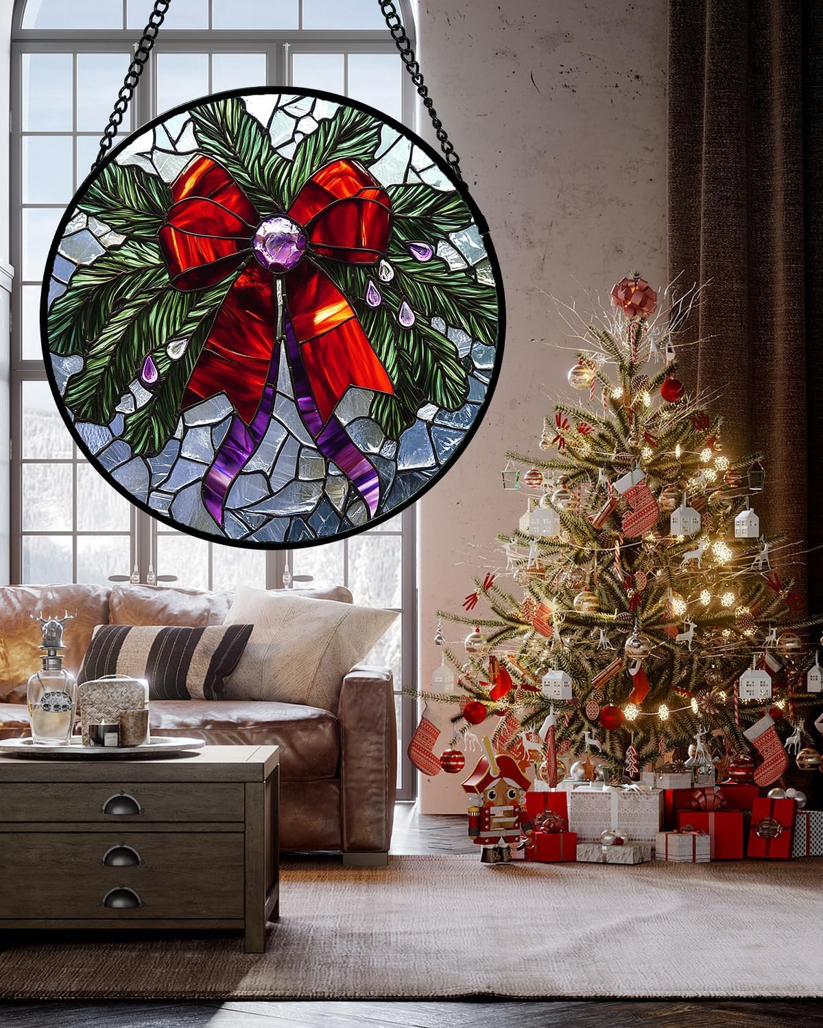Stained Glass Window Hanging - Purple Gem Christmas Wreath Suncatcher for Doors Home Christmas