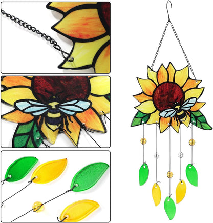 Stained Glass Suncatcher, Sunflower and Ladybug Window Hanging, 20 x 8 inches, Hand-Painted (Style
