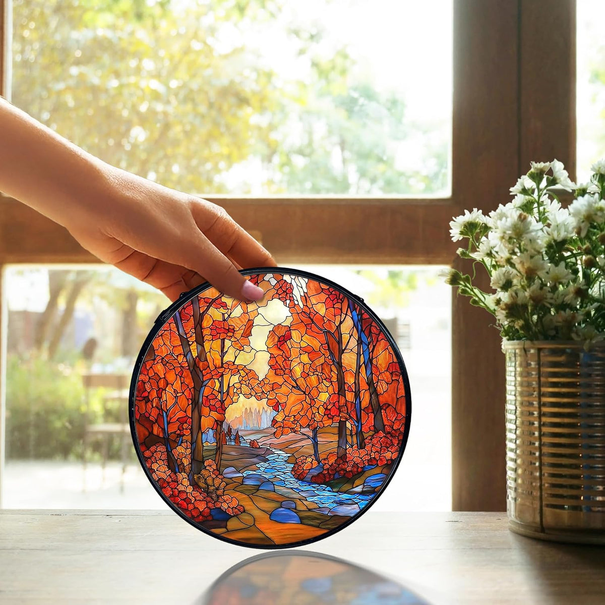 TNUW Fall Autumn Stained Glass Window Hanging, Rustic Autumn Forest Landscape Sun Catchers Indoor