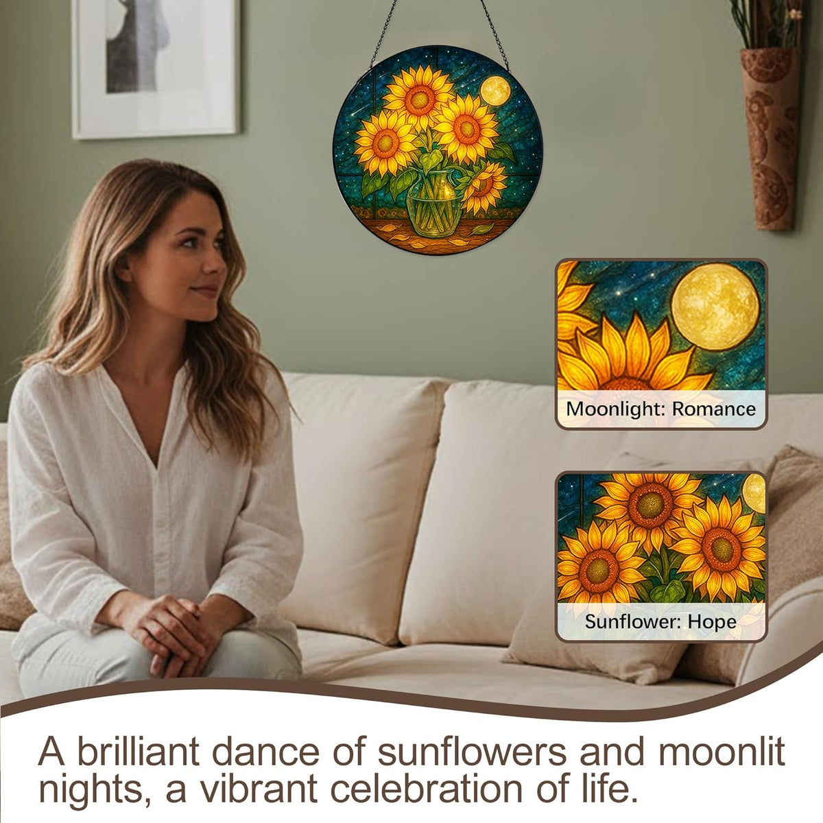 Stained Glass Window Hanging,Sunflower Sun Catchers Stained Glass Panels for Indoor Windows Wall