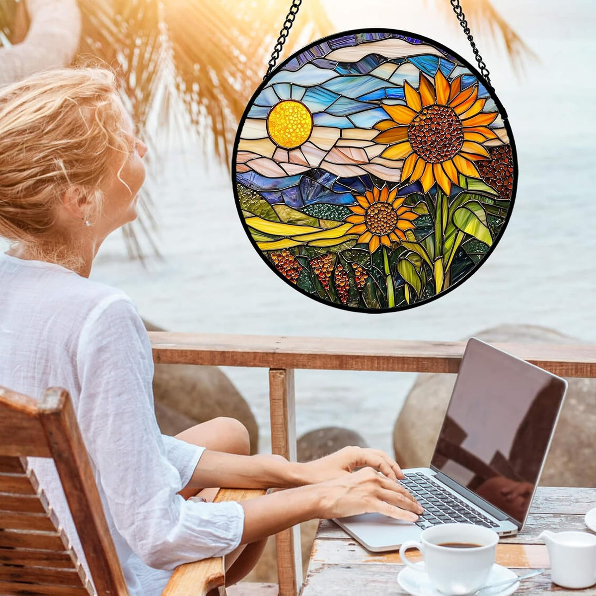 Stained Glass Suncatcher, Sunflower Flowers Landscape Sun Catcher Plant Mountains Stain Glass