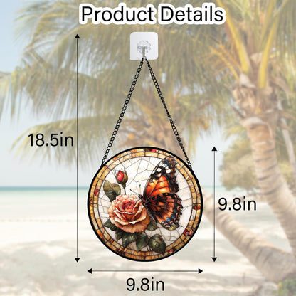 Stained Glass Window Hanging, Butterfly Picking Flowers Suncatcher for Doors Home Sun Catchers