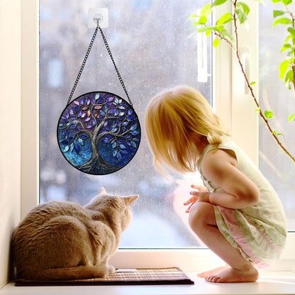 Stained Glass Window Hanging, Blue Purple Tree of Life Sun Catchers Colorful Glass Panel Plants