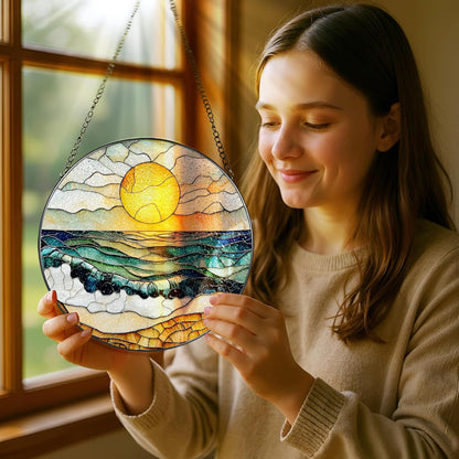 8-Inch Stained Glass Ornament, Stained Glass Window Hanging, Window Hanging Decor Suncatcher, Beach