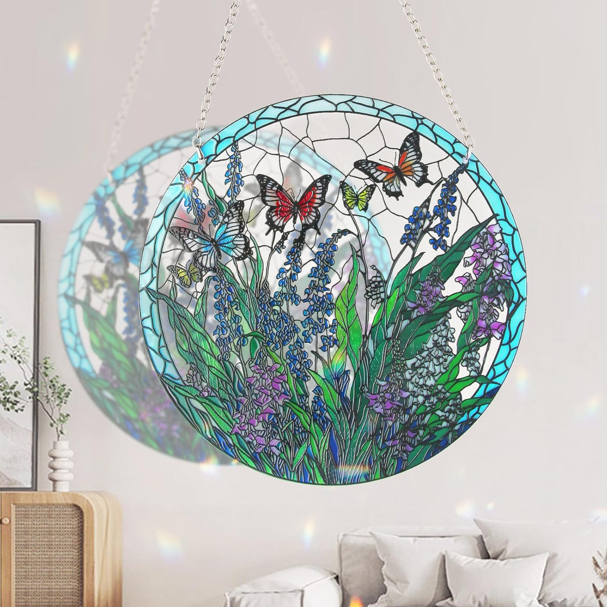 Stained Glass Window Hanging, Hand-Painted Butterfly and Flowers Suncatcher, 6 Inch Round Glass