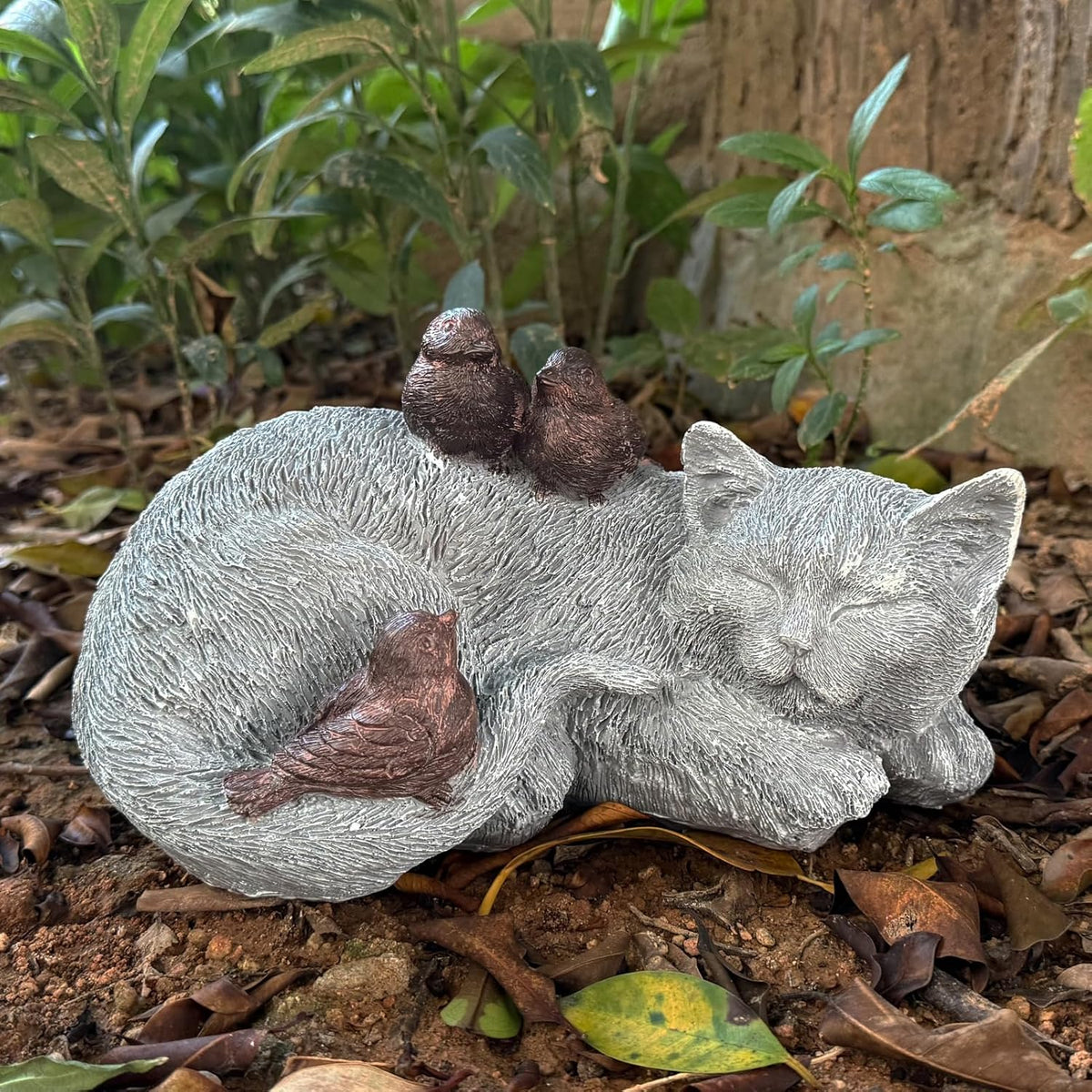 Cat Statue Outdoor Garden Decor - 11.4" Sparrows on Cat Figurine Memorial Grave Markers Garden