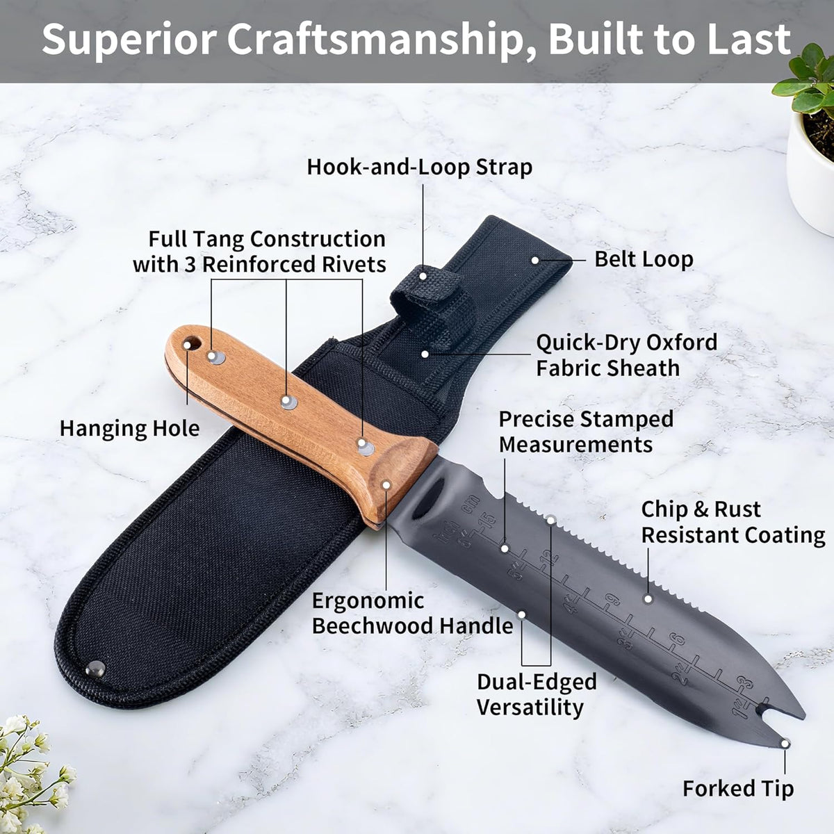 YANG Hori Hori Garden Knife, 7" Stainless Steel Gardening Knife with Oxford Cloth Sheath, Full Tang