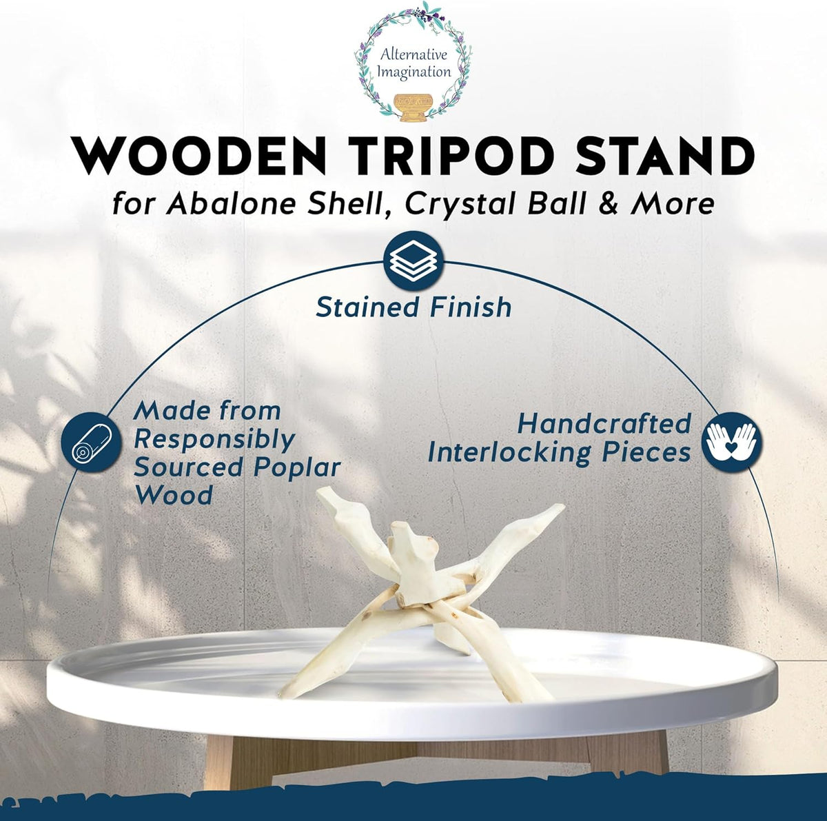 Alternative Imagination 8” Natural Wooden Tripod Stand - Home Decor Holder for Abalone Shell