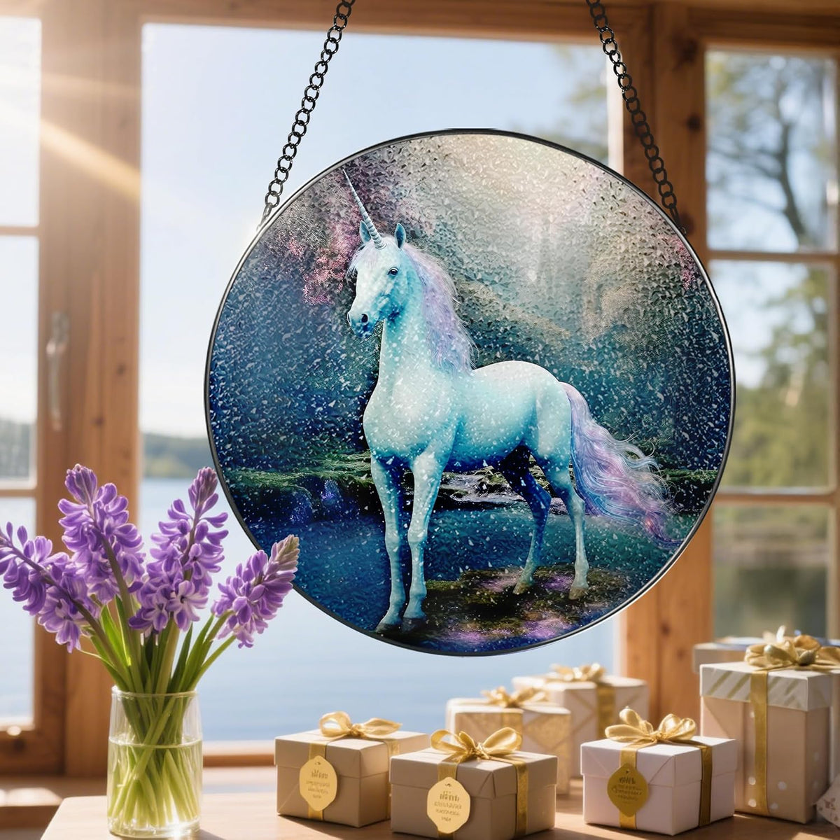 8″ Stained Glass Window Hanging Ornament, Unicorn Stained Glass Suncatcher Ornament, Sun-Catcher