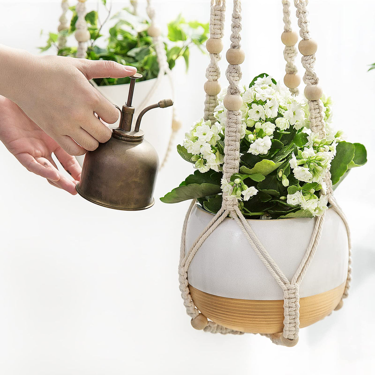 Mkono Macrame Plant Hanger Indoor 35 Inch Hanging Planter Basket Ivory 2Pcs