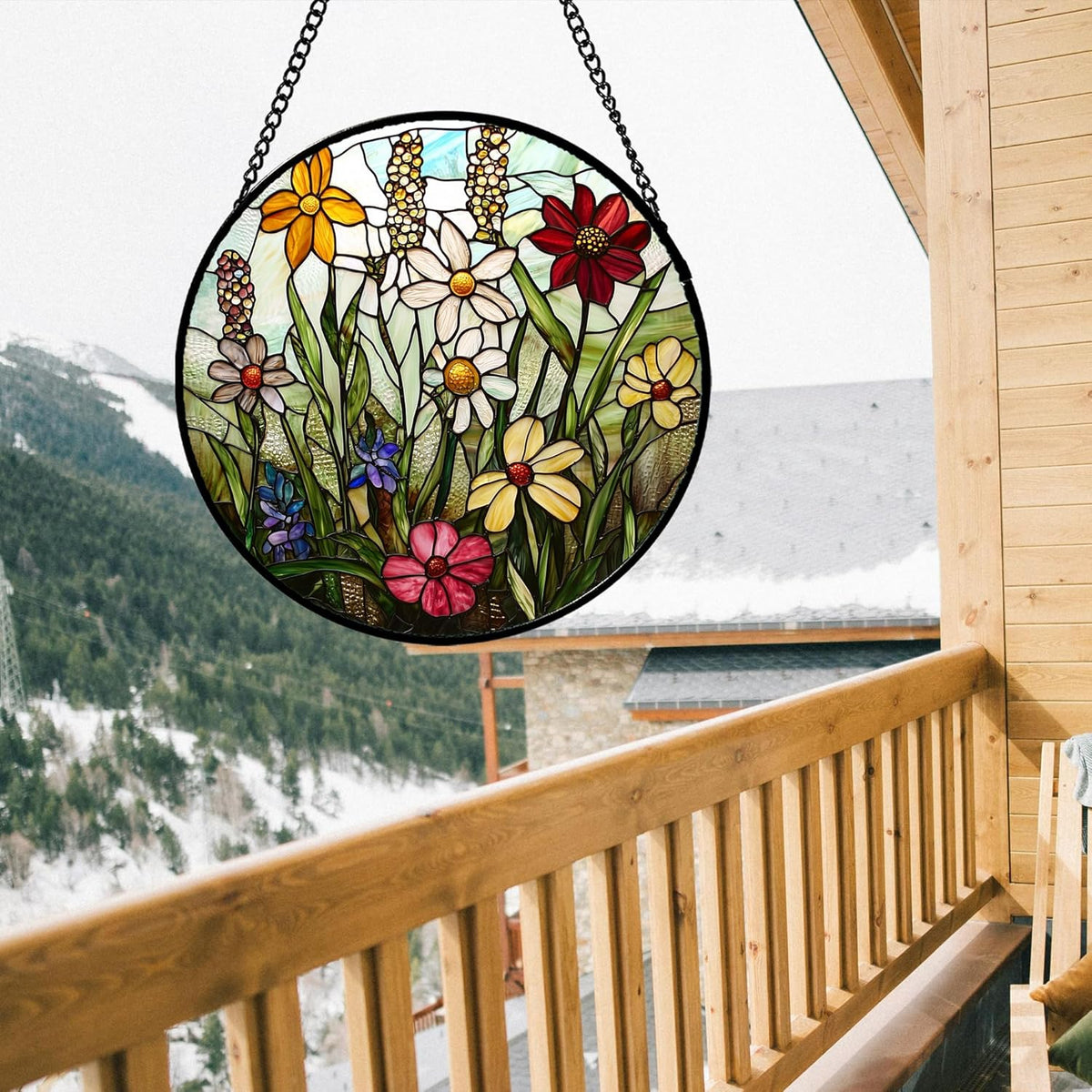 Stained Glass Window Hanging, Colorful Wildflowers Plant Scenery Suncatcher for Doors Window Home